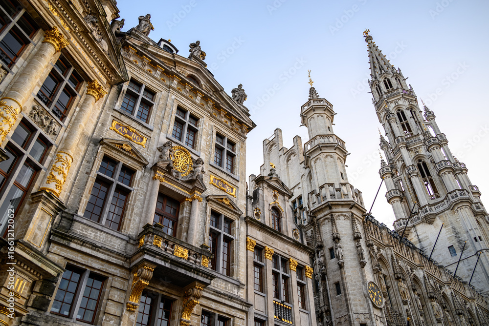 Fototapeta premium Lavishly decorated facades and architectural details of Guildhalls on the Grand-Place Grote Markt square of Brussels, Belgium