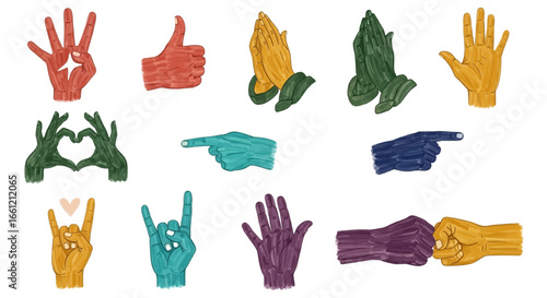 Diverse hand gestures in various colors expressing emotions and communication for design projects