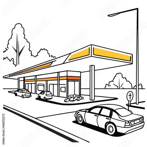 Gas Station with Cars and Trees - A Commercial Service Scene