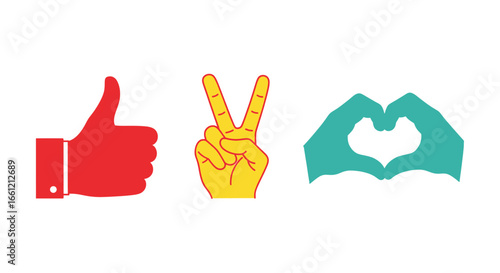 Thumbs up, peace sign, and heart hands emoji representing positive vibes, love, and connection