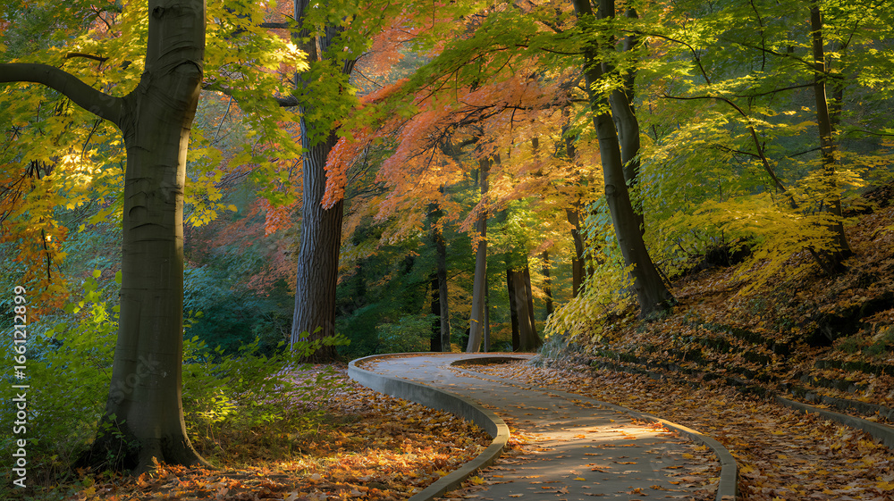 Naklejka premium Winding Pathway Through a Vibrant Autumn Forest