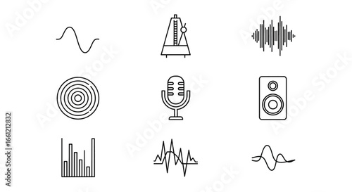 Collection of audio waves, microphone, speaker, and metronome vector icons for music, podcasts, and sound design