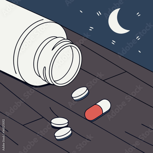 Pills scattered on wooden floor at night with moon and stars in background