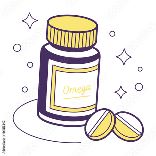 Omega Vitamins Supplement Bottle with Pills - Healthy Lifestyle Illustration