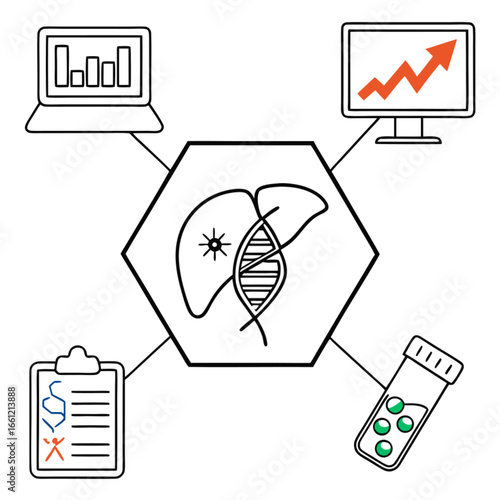 Medical Research and Data Analysis Illustrating Liver Health and DNA Sequencing