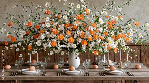 Easter Themed Rustic Style Table Setting with Flowers in a Springtime Atmosphere Top View