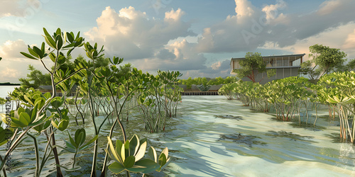 Tropical Mangrove Forest with Coastal House and Scenic Water Landscape