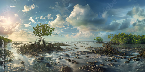 Scenic Mangrove Forest Landscape with Ocean Horizon and Dramatic Sky