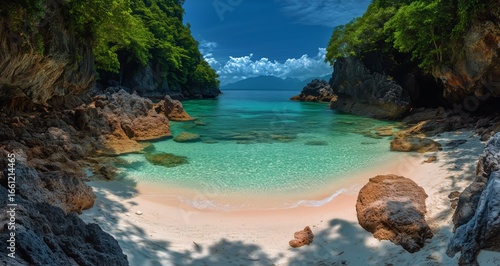 Serene Tropical Beach With Clear Waters and Rocky Coastline in Midday Sun