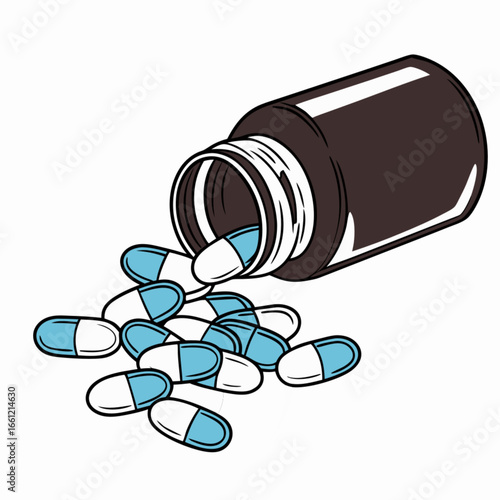 White and Blue Capsules Spilling from a Dark Bottle Illustration