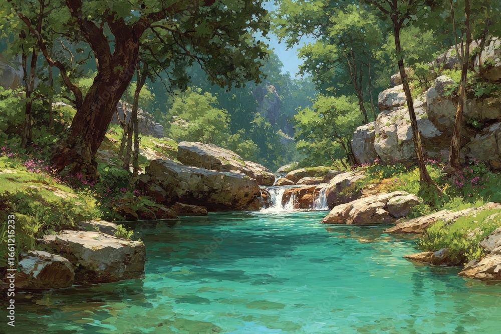 Naklejka premium and keyword list based on the imageClear stream cascades through lush greenery in peaceful rocky forest landscape.