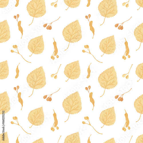 Autumn seamless pattern featuring linden leaves and seeds in yellow tones on white background. Cozy fall textile and wrapping design.