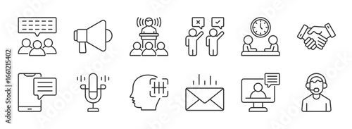 Speaking line icon set collection. Speak, speaker, speech, people communication, conversation, discussion, bubble, dialogue, voice message, letter and more. eps 10