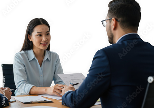 Young woman attending a job interview with a potential employer in office isolated on transparent background
