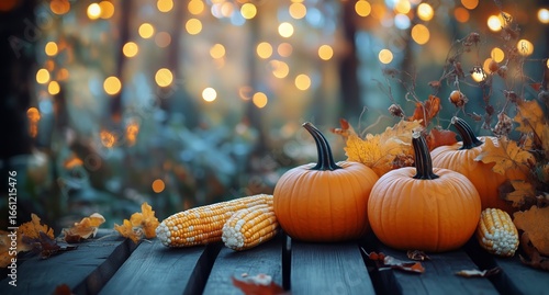 Autumn Harvest Display With Pumpkins and Corn Against a Blurred Background of...