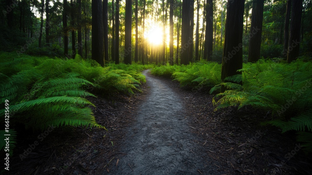Obraz premium Sunlit forest path winding through tall trees and ferns