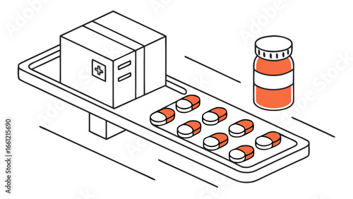 Illustration of pharmaceutical manufacturing process, showcasing conveyor belts and pill packaging