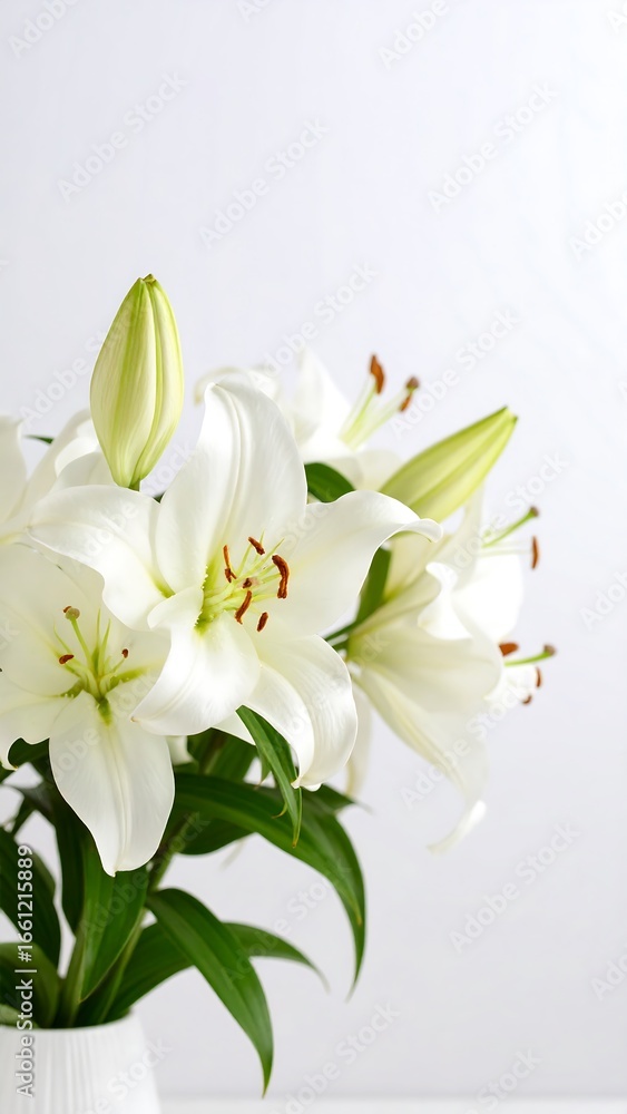 Fototapeta premium Close-up of white lilies in a vase against a white background