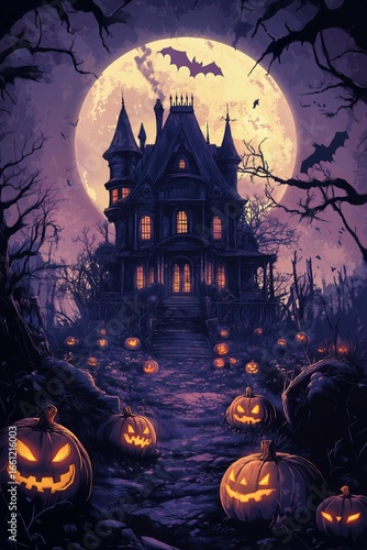 Spooky Halloween Night With Glowing Pumpkins and an Eerie Mansion Under a Ful...
