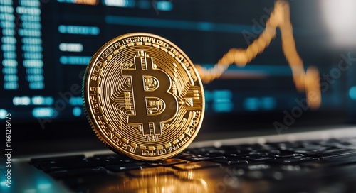 Bitcoin Coin on a Laptop Keyboard With Market Graph in the Background During ...