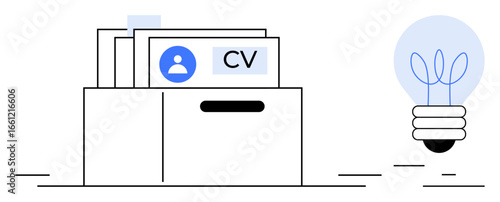 CVs organized in a filing box symbolizing job recruitment next to a light bulb representing innovation. Ideal for recruitment, hiring, HR, job applications, creativity, innovation, simple landing