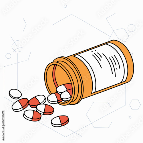 Medication Bottle Spilling Pills - Health and Medical Treatment Illustration