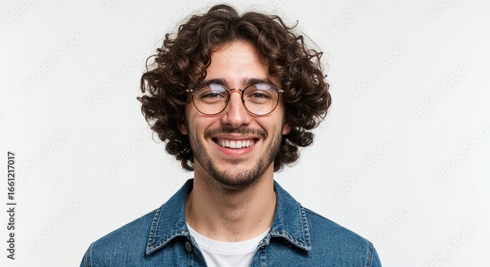 Obraz premium Young curly man with glasses on white background 