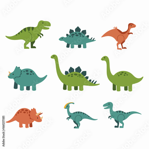 Adorable cartoon dinosaur collection in a flat design style, featuring T-Rex, Stegosaurus, Triceratops, Brontosaurus for children's projects.