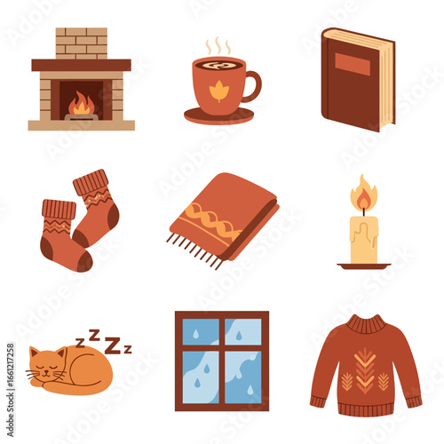 Cozy autumn hygge scene elements featuring fireplace, warm drink, book, socks, blanket, candle, cat, window, and sweater
