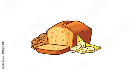 A cartoon illustration of a freshly baked loaf of banana nut bread with a slice, bananas, and walnuts.