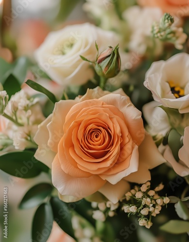 Vibrant Orange Rose With White Flowers in Lush Greenery, Showcasing Natures E...