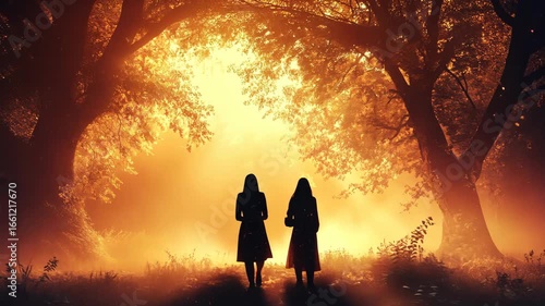 Silhouettes of two women walking through a magical glowing forest at sunset.