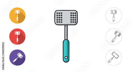 A set of meat tenderizer mallet icons shown in flat, long shadow, and line art styles for cooking themes.