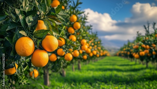 Vibrant Orange Orchard in Full Bloom Under Clear Blue Sky.