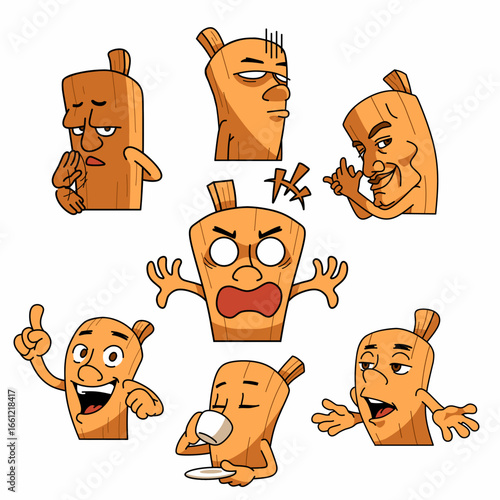  cartoon illustration of wood character with various expretion, illustration for mascot, stickers meme, tung tung tung sahur, brainrot character