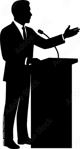 Silhouette of Entrepreneur Giving Public Speech on Stage in Black and white silhouette Vector Art with white background 