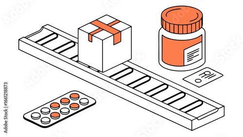 Pharmacy conveyor belt with box, pills, and medicine bottle