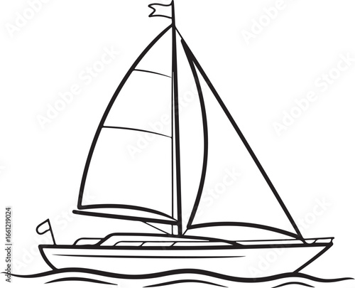 Hand-drawn Sailboat with Flag on Waves, Ocean and Sailing Illustration