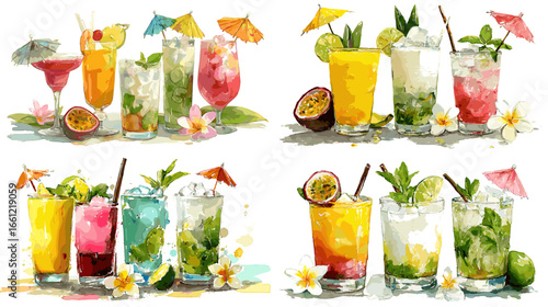 Watercolor illustration of tropical cocktails in glass with citrus, umbrellas, and flowers. Ideal for summer beverage design, party themes, and bar artwork.