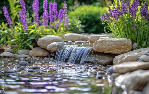 Serene Garden Stream With Purple Flowers and Smooth Stones During Daylight
