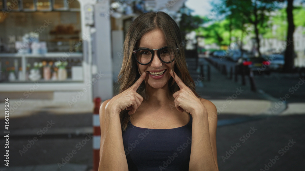 Fototapeta premium Woman points finger to smile on a city street in front of a cafe storefront, wearing glasses; playful confidence charm.