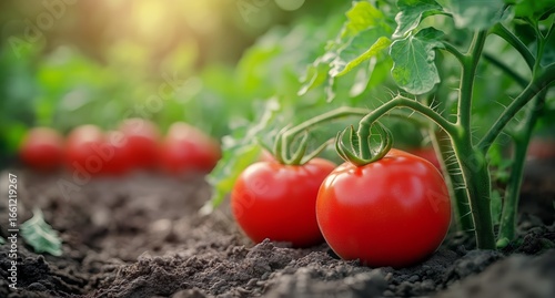 Red Tomatoes Growing Among Green Plants in a Garden Setting During Late After...