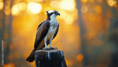Osprey Perched on a Log in a Vibrant Forest During Autumn Afternoon.