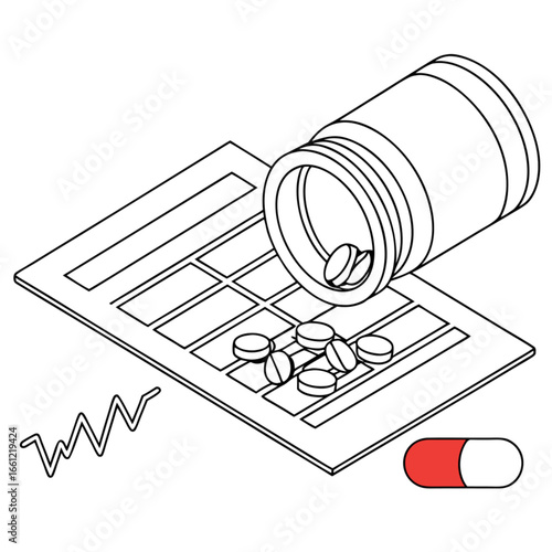 Medical Calculator Pills and Heartbeat Line Illustration