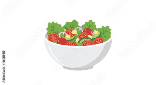 A vibrant vector illustration of a fresh garden salad in a white bowl, featuring lettuce, tomatoes, and avocado.