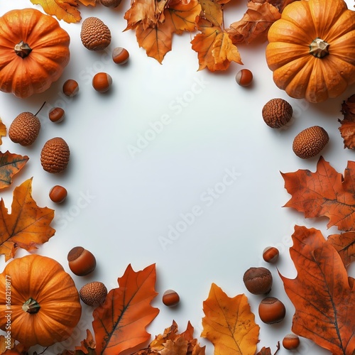 Celebrate Autumn With Pumpkins, Leaves, and Nuts Arranged in a Beautiful Circ...