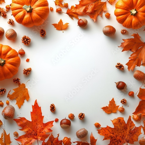 Decorative Autumn Pumpkins Surrounded by Colorful Leaves and Nuts on a White ...