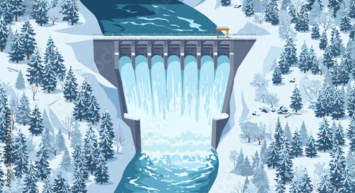 Winter dam with snowy forest landscape and flowing waterfall in flat design