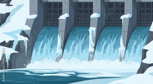 Winter hydroelectric dam with icy waterfalls and snowy landscape