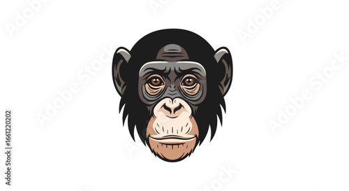A detailed, illustrated portrait of a chimpanzee's head, depicted in a frontal view against a clean white background.